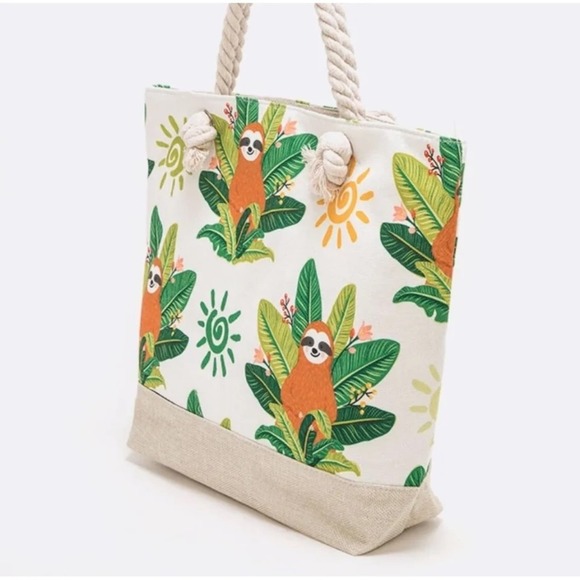 Tropical Sloth Print Canvas Tote Bag with Zipper Closure - Picture 2 of 3